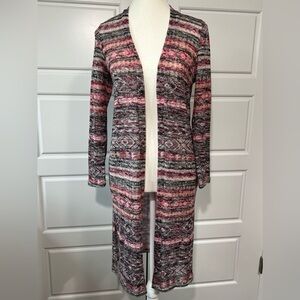 Knit Duster Cardigan Open‎ Front Pink Gray Long Sleeve Sweater Size MD